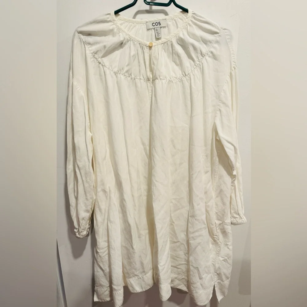 COS Oversized Gathered Mini Dress Tunic white linen tencel mod boho street L - Picture 3 of 8